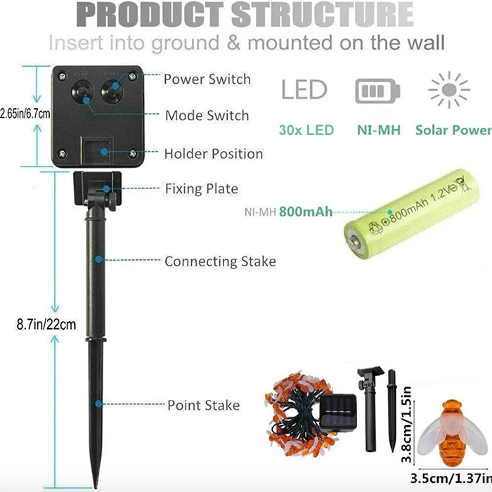 BeeLights, napenergiával működő lámpa 30 méh alakú LED fényforrással - Image 2