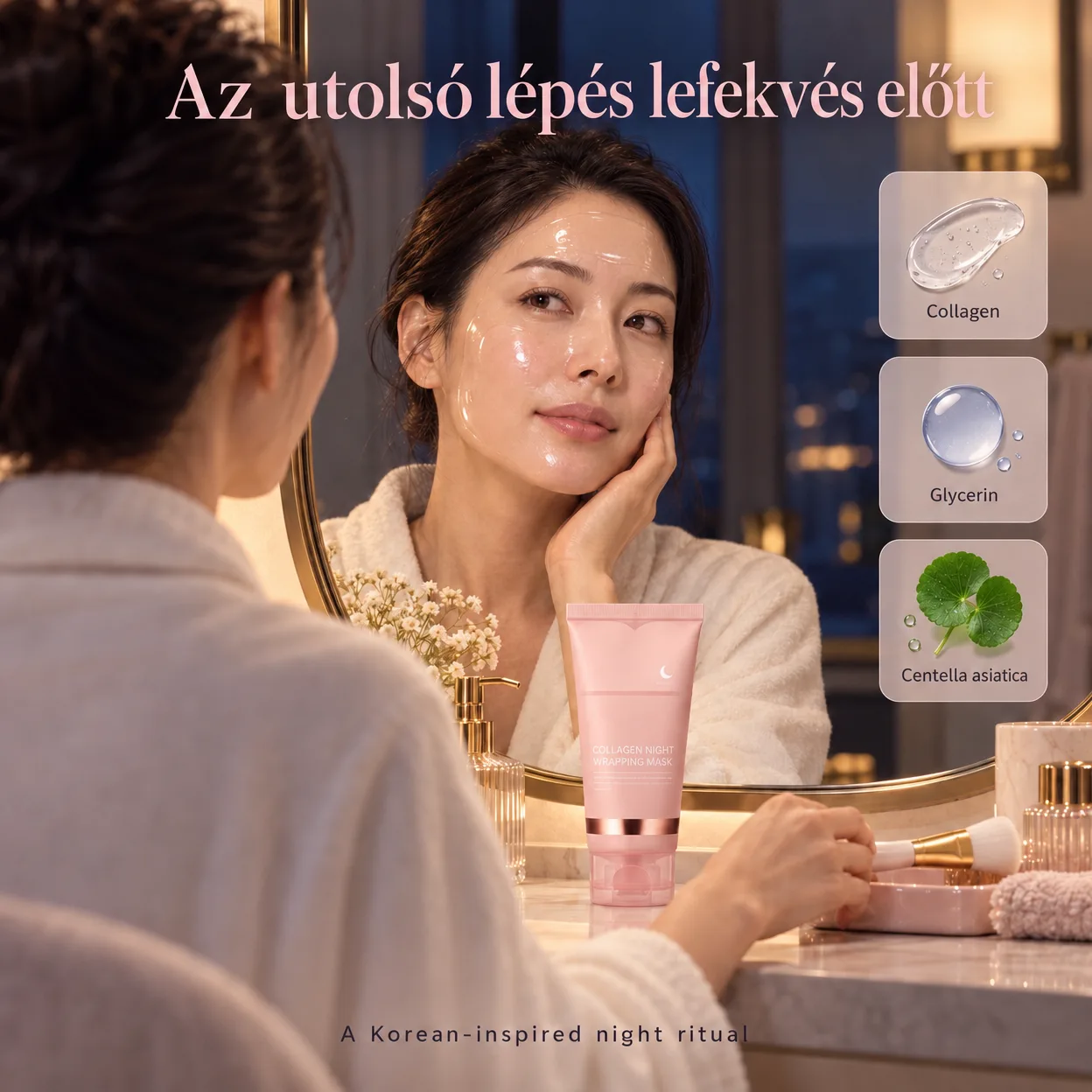 A maszk egy alkalmazás után megfeszíti, felfrissíti és revitalizálja a bőrt – köszönhetően a kollagén kivonatnak és az extra aktív összetevőknek.