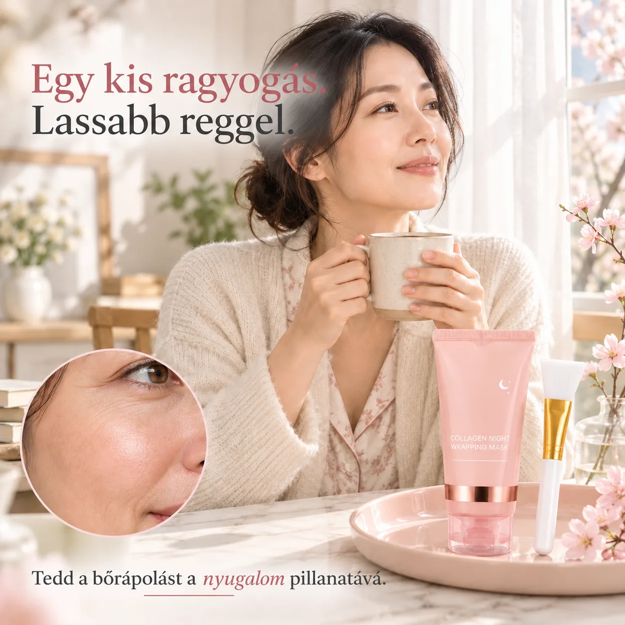 Nincs öblítés lefekvés előtt – a maszk megszárad és filmréteget képez, amit reggel egyszerűen lehúzhat.