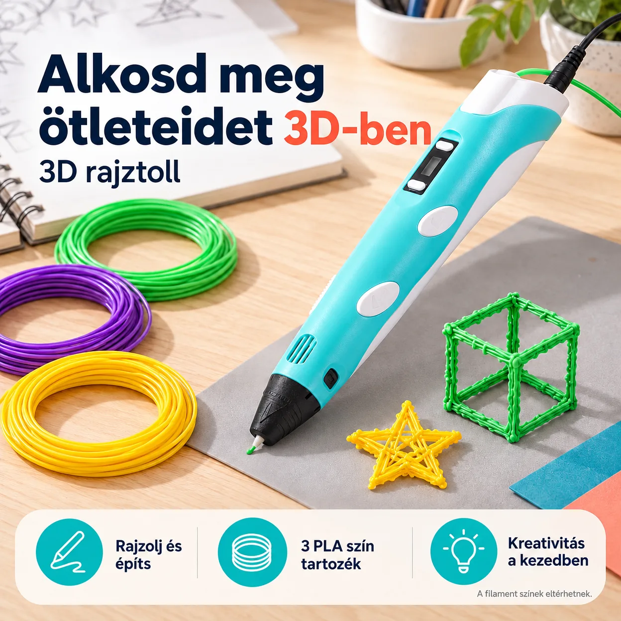 3Dpen, innovatív toll, amely tetszőleges formát rajzol 3 dimenzióban, 3 különböző színű szállal - Image 1