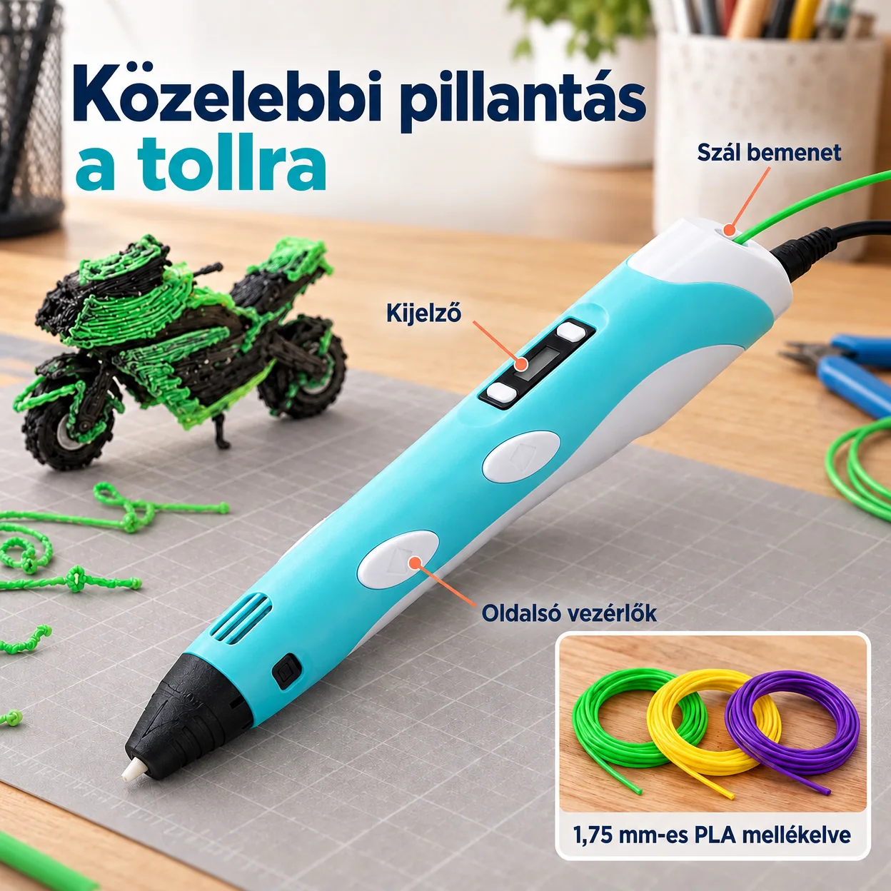 3Dpen, innovatív toll, amely tetszőleges formát rajzol 3 dimenzióban, 3 különböző színű szállal - Image 4