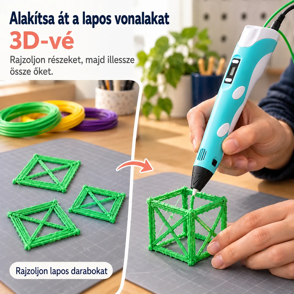3Dpen, innovatív toll, amely tetszőleges formát rajzol 3 dimenzióban, 3 különböző színű szállal - Image 5