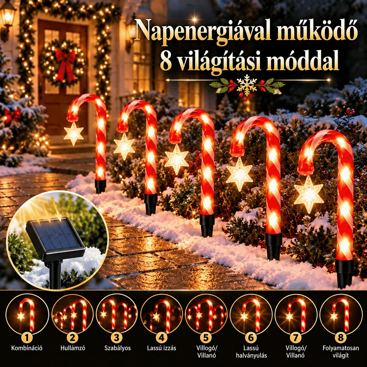 Napelemes működés és 8 világítási mód