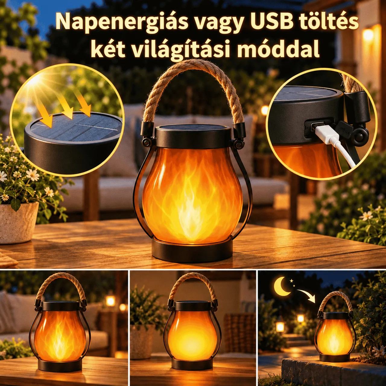 Napelemes vagy USB-s töltés és 2 világítási mód