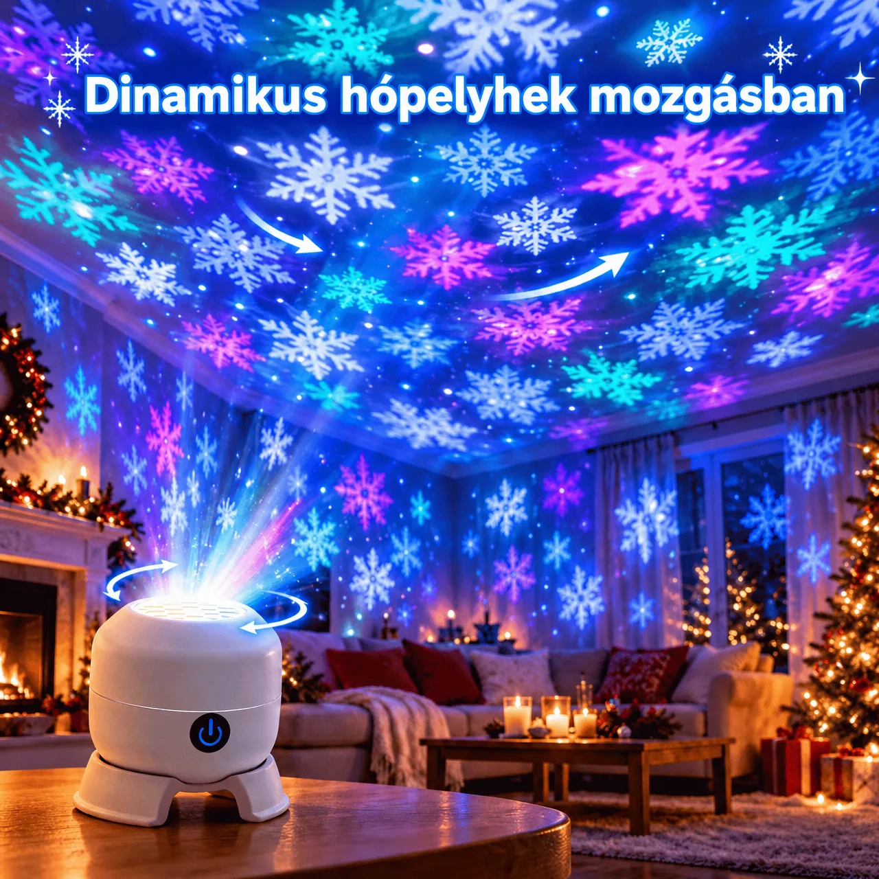 Dinamikusan mozgó hópelyhek a szobában
