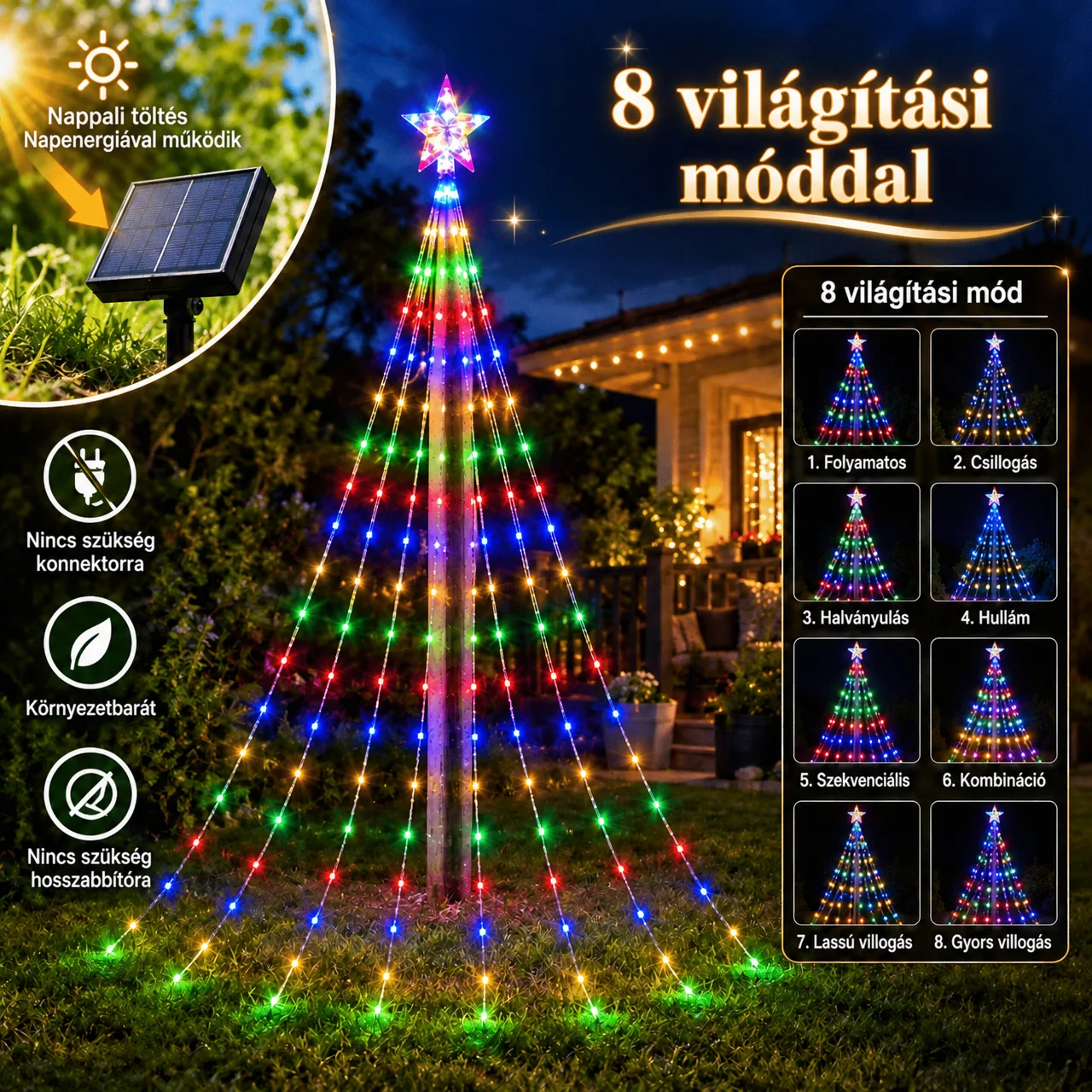 Napelemes működés és 8 világítási mód