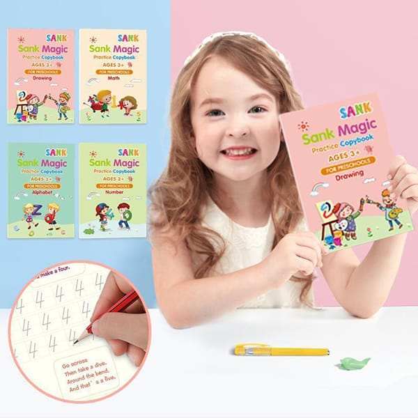 KidBook, 4 részes irkafüzet készlet írásra és rajzolásra Magic tollal, amely száradáskor automatikusan eltűnik